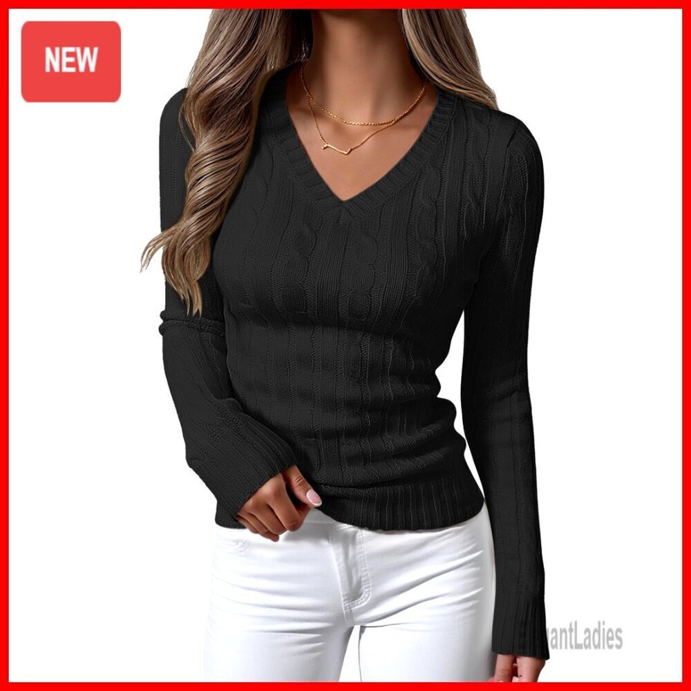 Long Sleeve Cable Knit V-Neck Pullover Sweater Slim Fit Business Casual